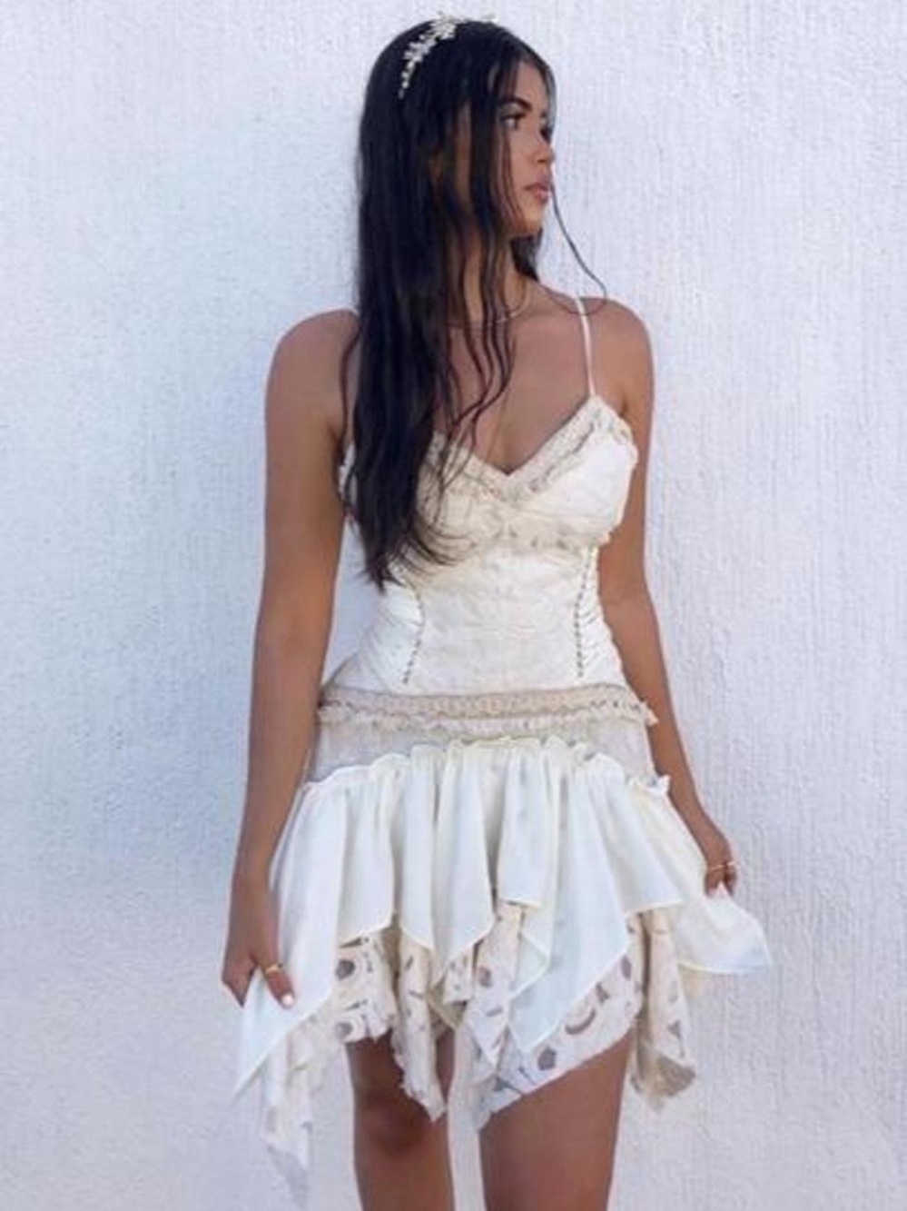 Ixiah Cream Lace-Trim Spaghetti Strap Mini Dress